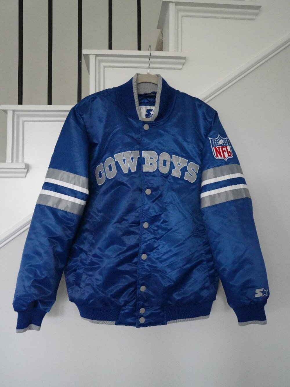 Dallas Cowboys Starter Satin bomber Jacket NFL Blue Silver Mens